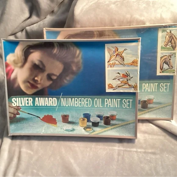 Two Vintage Silver Award Paint by Number. Numbered oil paint sets. 1960’s - Picture 2 of 12